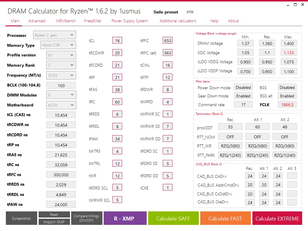 DRAM Calculator for Ryzen - Safe preset 3733